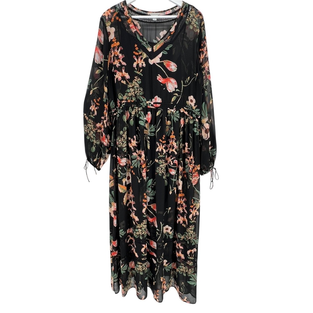 Belle Sky Floral Maxi Dress Womens XL Black Chiffon Long Sleeve Boho Romantic